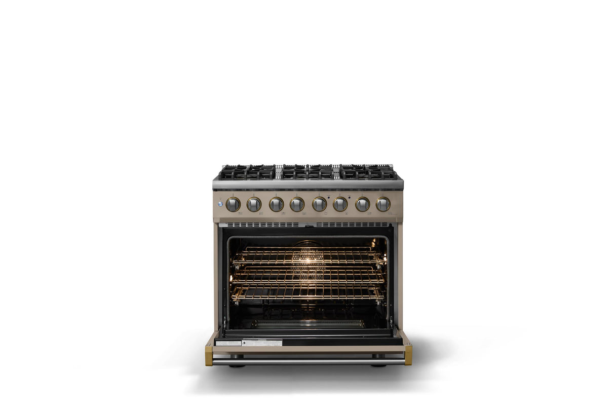 36"W. Dual Fuel Range (Burner: 6b, Finish: Nantucket, Trim: Brushed Brass, Fuel: Natural Gas)