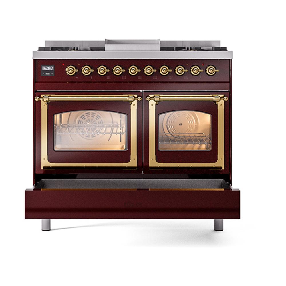 ILVE UND40FNMPBUGLP Nostalgie II Noblesse 40 inch Dual Fuel Range (Liquid Propane, Triple Glass Door, Burgundy, Brass)