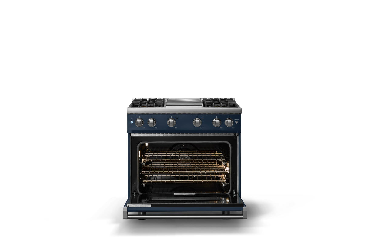 36"W. Sealed Burner Gas Range (Burner: 4g, Finish: Slate Blue, Trim: Polished Chrome, Fuel: Natural Gas)