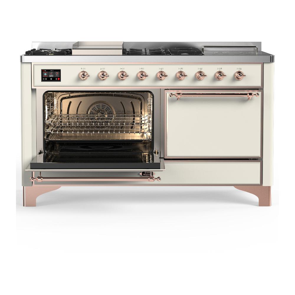 ILVE UM60FSQNR3AWPLP Majestic III 60 inch Dual Fuel Range with 7 Burners, Griddle and French Top, Dual Function Burner with up to 25,000 BTU (Liquid Propane, Solid Door, Antique White, Copper)