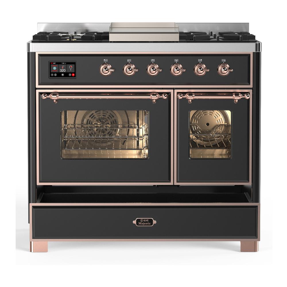ILVE UMD40FNR3MGP Majestic III 40 inch Dual Fuel Range with 6 Burners and Griddle, Dual Function Burner up to 25,000 BTU (Natural Gas, Triple Glass Door, Graphite Matte, Copper)
