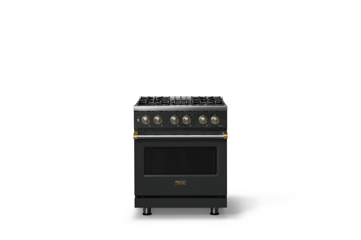 30"W. Dual Fuel Range (Finish: Antique Bronze, Trim: Brushed Brass, Fuel: Natural Gas)