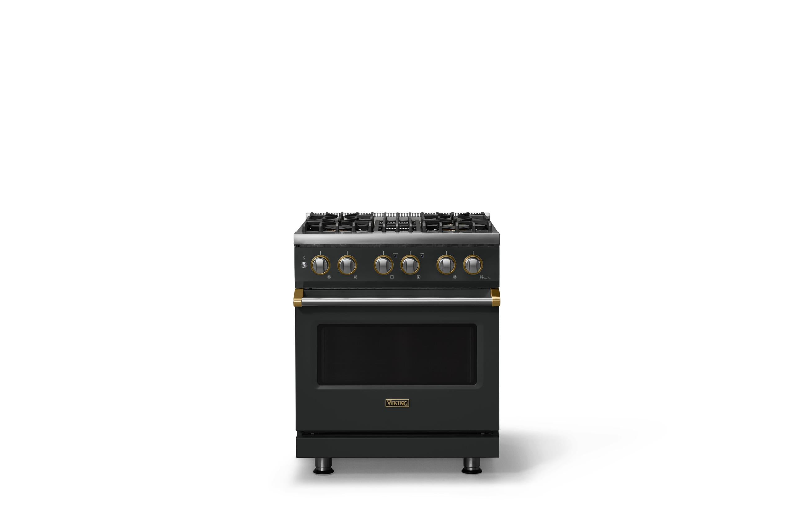 30"W. Dual Fuel Range (Finish: Antique Bronze, Trim: Brushed Brass, Fuel: Propane)