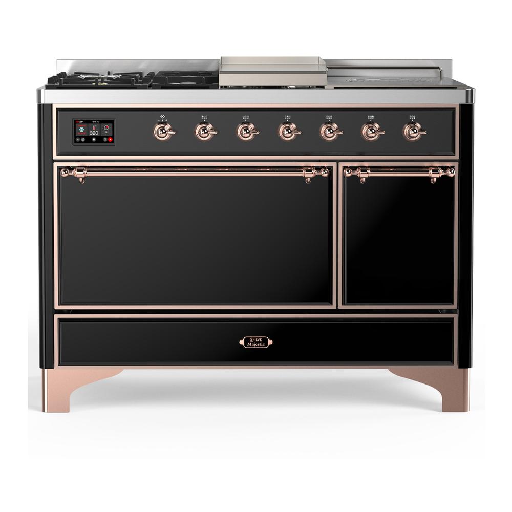 ILVE UM48FSQNR3BKPLP Majestic III 48 inch Dual Fuel Range with 5 Black Brass Burners, Griddle and French Top, Dual Function Burner up to 25,000 BTU (Liquid Propane, Solid Door, Glossy Black, Copper)