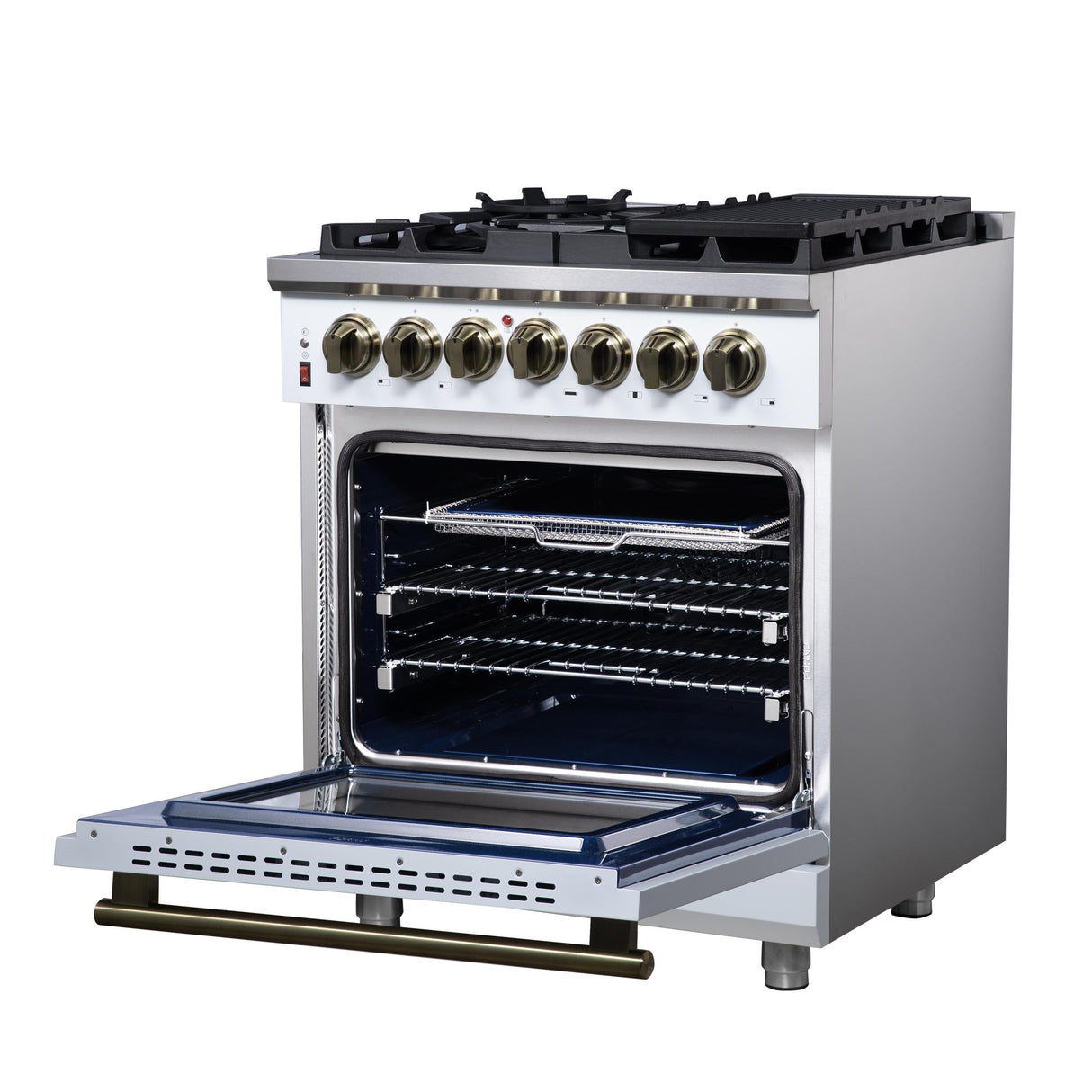 Forno Massimo 30 Inch Freestanding Dual Fuel Range in White with Antique Brass Accessories, 4 Burners, 4.32 cu. ft. Convection Oven