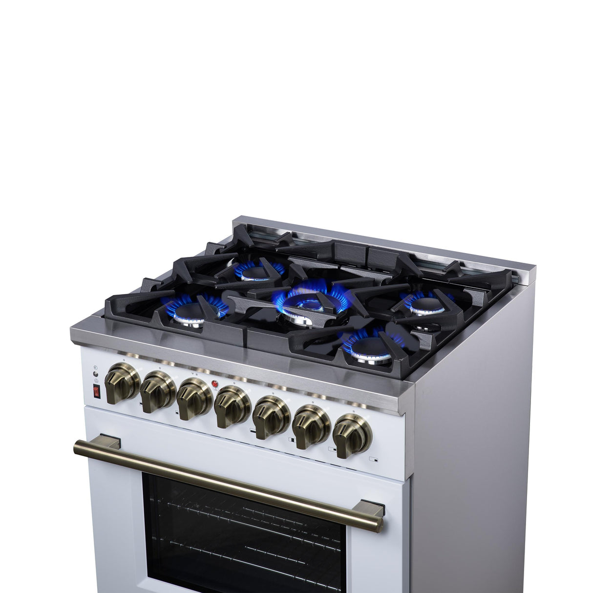 Forno Massimo 30 Inch Freestanding Dual Fuel Range in White with Antique Brass Accessories, 4 Burners, 4.32 cu. ft. Convection Oven