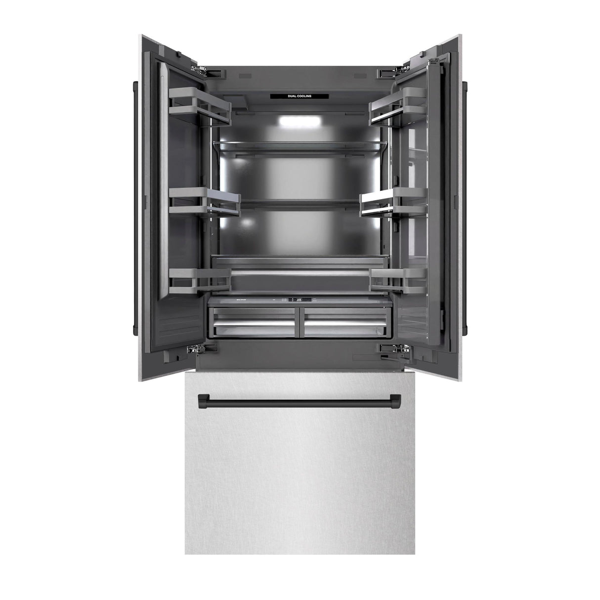 ZLINE Autograph Edition 36 in. 19.6 cu. ft. French Door Built-In Bottom Freezer Refrigerator with Water Dispenser and Ice Maker in DuraSnow' Stainless Steel with Graphite Gray Interior and Matte Black Accents (GRBIVZ-SN-36-MB)