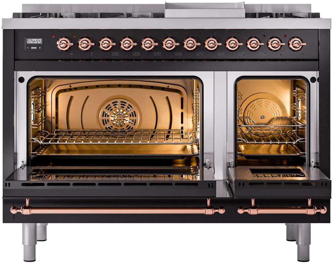 Nostalgie II 48 Inch Dual Fuel Liquid Propane Freestanding Range in Glossy Black with Copper Trim