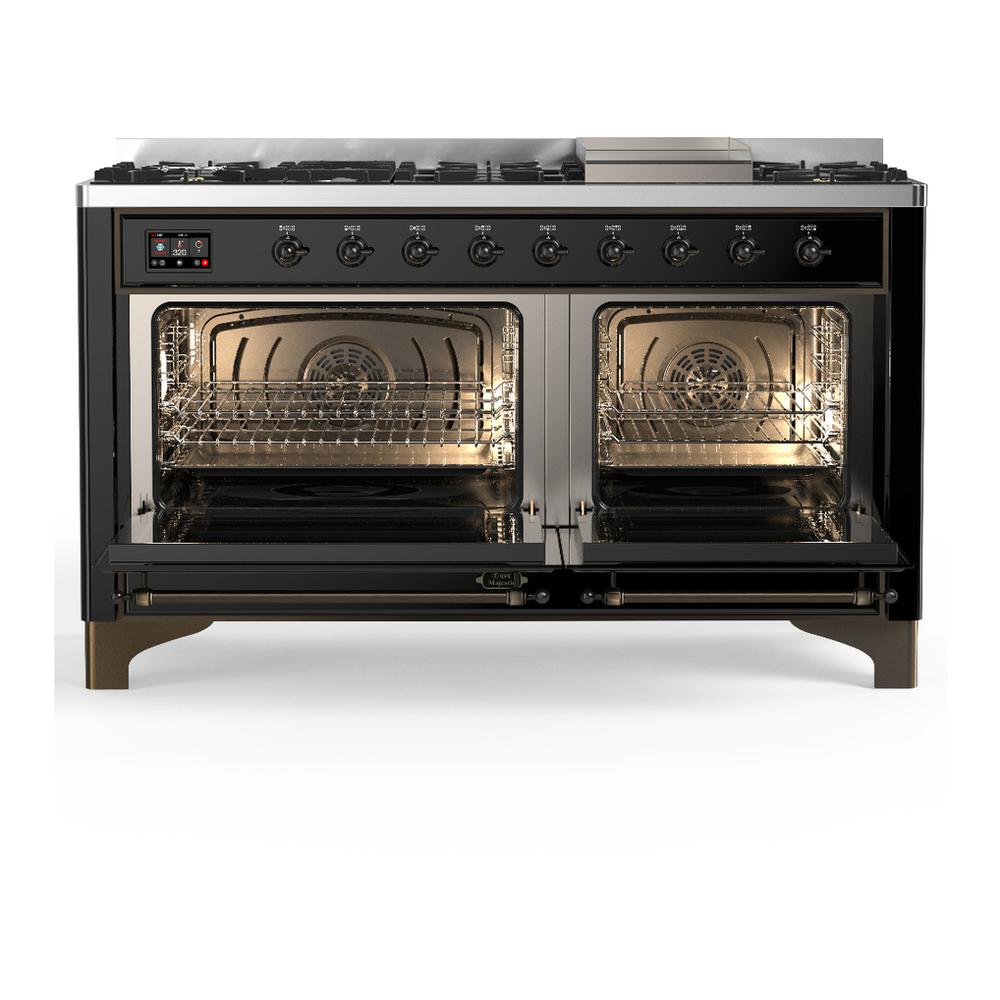 ILVE UM60FQNR3BKB Majestic III 60 inch Dual Fuel Range with 9 Burners and Griddle, Dual Function Burner up to 25,000 BTU (Natural Gas, Solid Door, Glossy Black, Burnished)