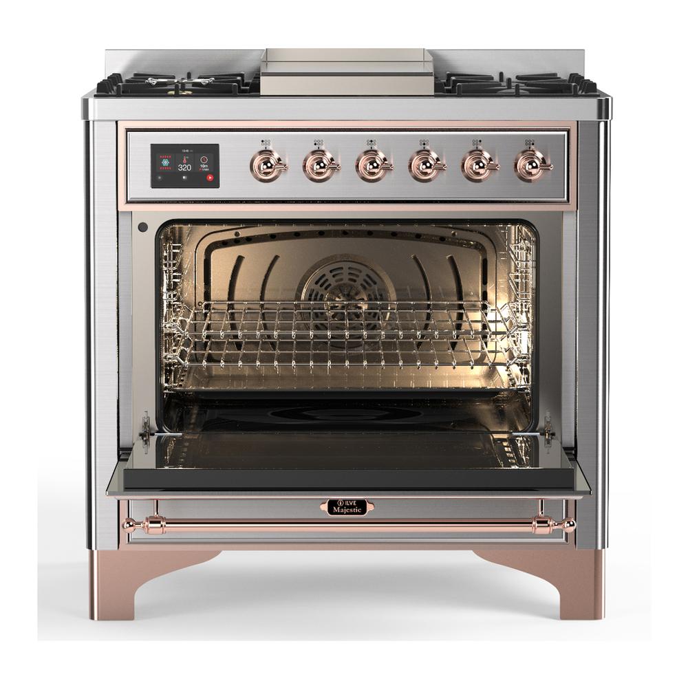 ILVE UM36FQNR3SSP Majestic III 36 inch Dual Fuel Range with 6 Black Brass Burners and Griddle, Dual Function Burner up to 25,000 BTU (Solid Door, Stainless Steel, Copper, Natural Gas)