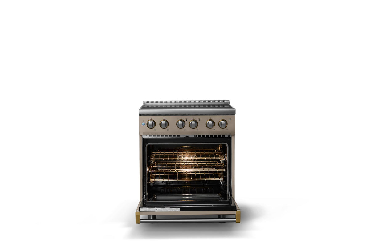 30"W. Electric Range (Finish: Nantucket, Trim: Brushed Brass)
