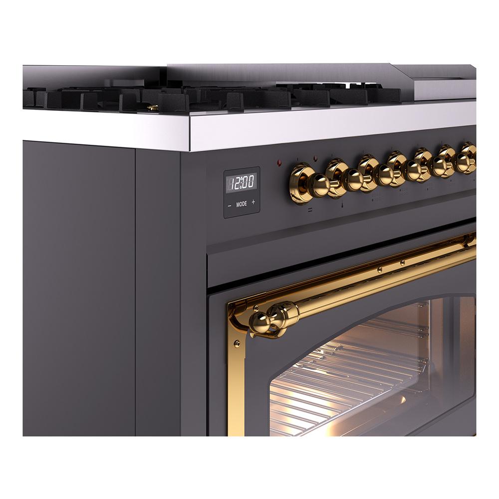 ILVE UN48FNMPMGGLP Nostalgie II Noblesse 48 inch Dual Fuel Range (8 Sealed Burners + Griddle, Liquid Propane, Triple Glass Door, Graphite Matte, Brass)