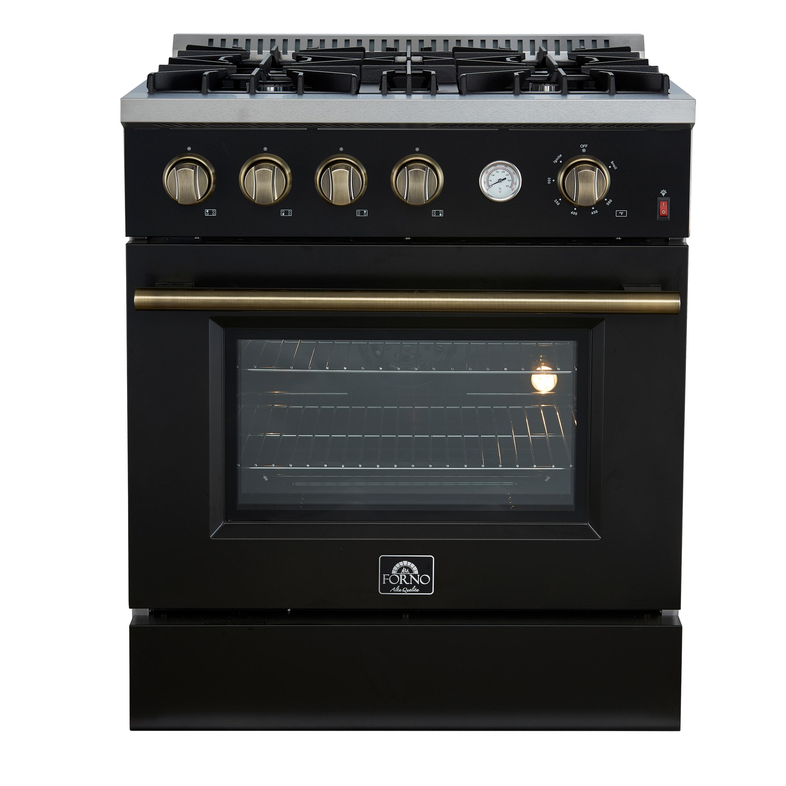 Marco 30-inch Gas Range Black & Antique Brass Design, 4 Burners 37,000 BTU, 4.32 cu.ft. Convection Oven