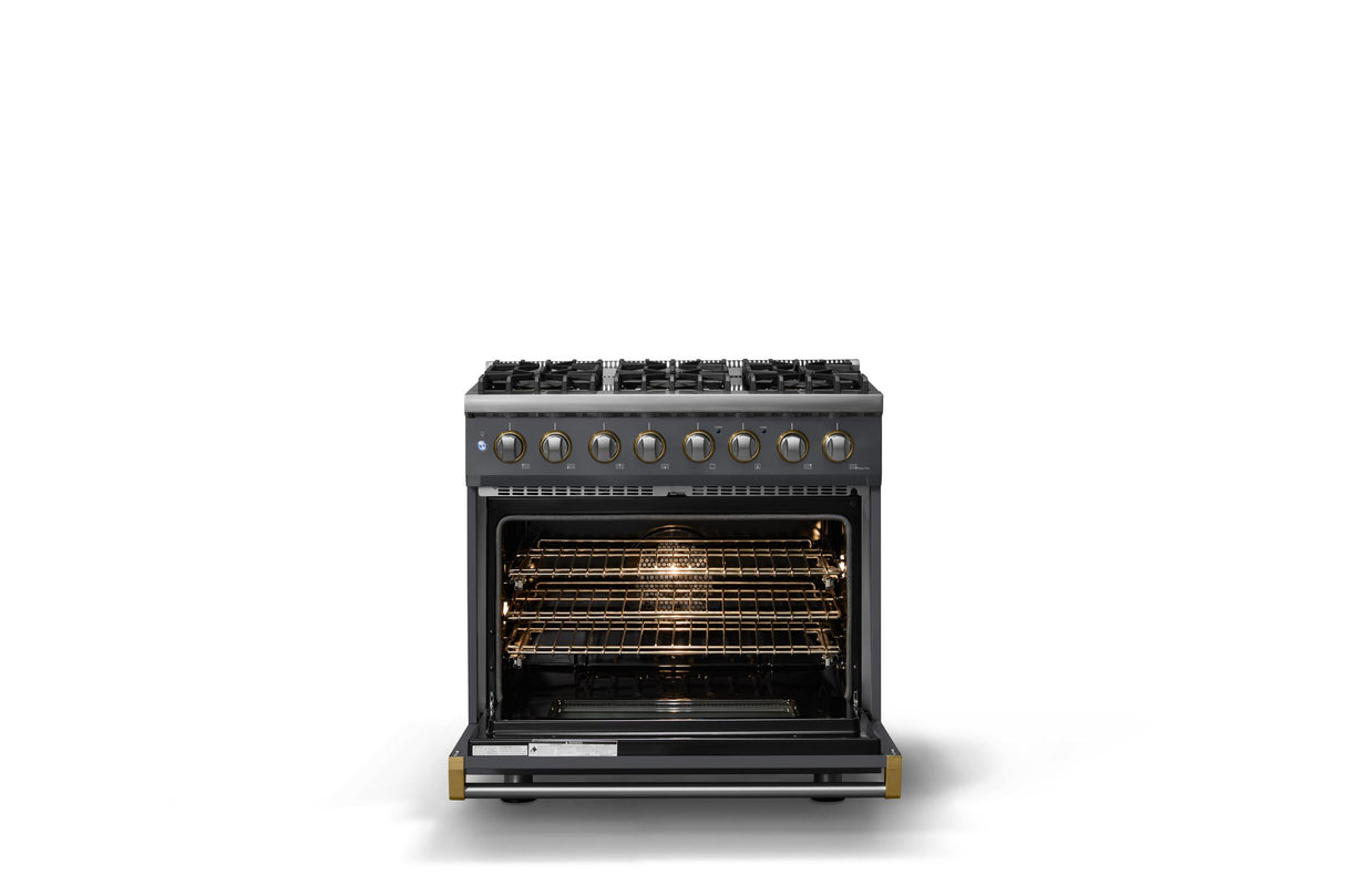 36"W. Dual Fuel Range (Burner: 6b, Finish: Cast Black, Trim: Polished Chrome, Fuel: Propane)