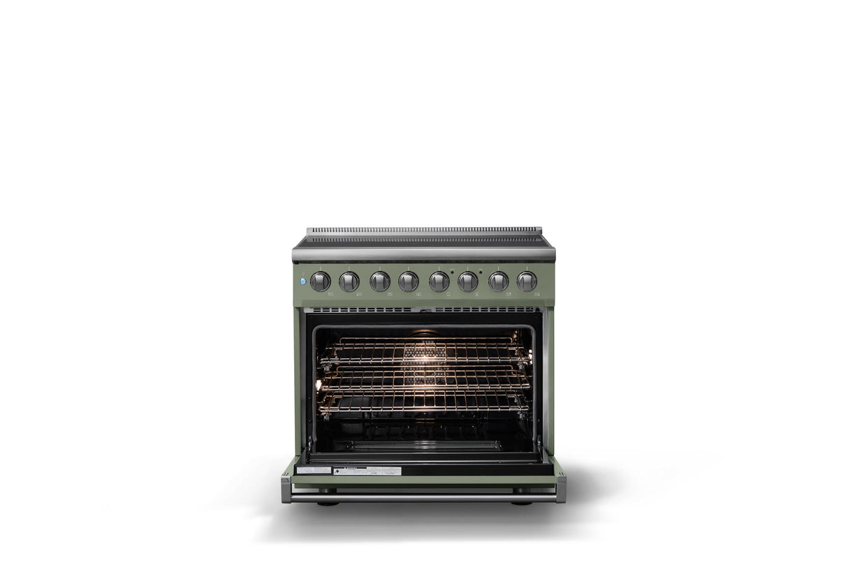 36"W. Induction Range (Finish: Eucalyptus, Trim: Polished Chrome)