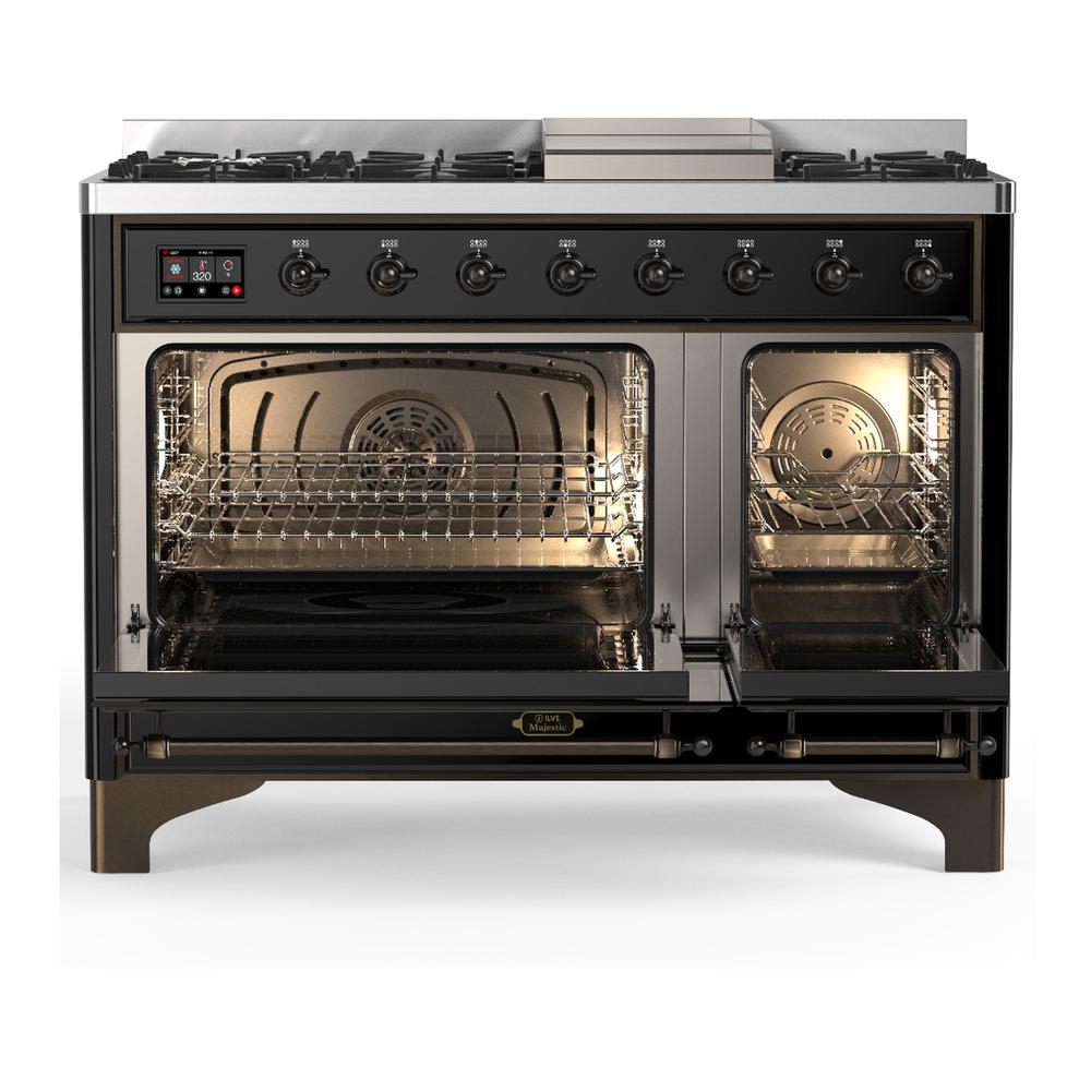 ILVE UM48FNR3BKB Majestic III 48 inch Dual Fuel Range with 8 Burners and Griddle, Dual Function Burner up to 25,000 BTU (Natural Gas, Triple Glass Door, Glossy Black, Burnished)
