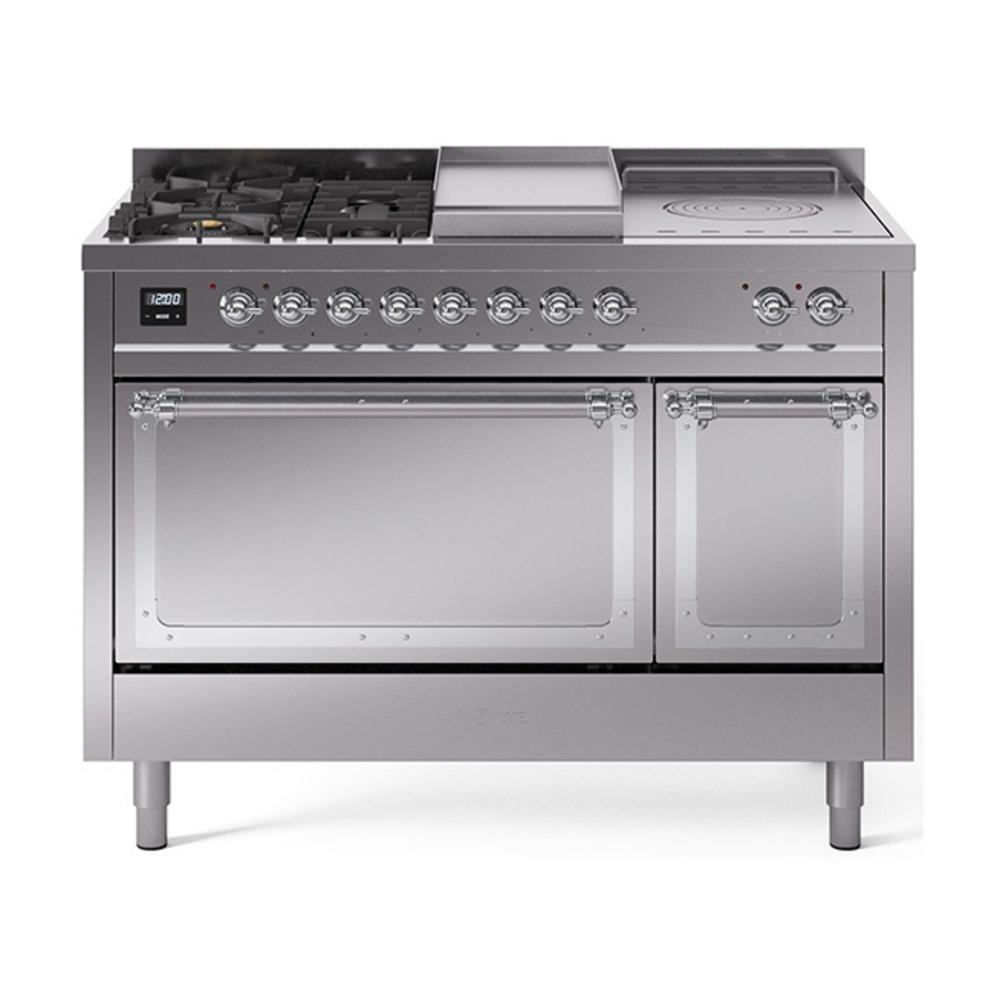 ILVE UN48FSQNMPSSC Nostalgie II Noblesse 48 inch Dual Fuel Range (5 Sealed Burners + Griddle + French Top, Natural Gas, Solid Door, Stainless Steel, Chrome)