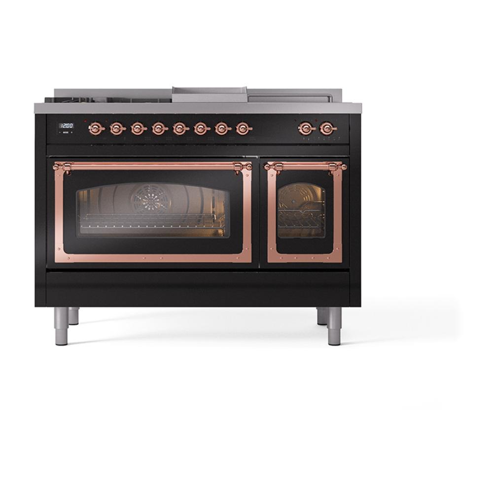 ILVE UN48FSNMPBKPLP Nostalgie II Noblesse 48 inch Dual Fuel Range (5 Sealed Burners + Griddle + French Top, Liquid Propane, Triple Glass Door, Glossy Black, Copper)