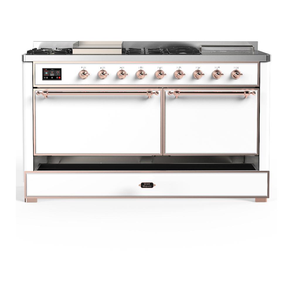 ILVE UM60FSQNR3WHPLP Majestic III 60 inch Dual Fuel Range with 7 Burners, Griddle and French Top, Dual Function Burner with up to 25,000 BTU (Liquid Propane, Solid Door, White, Copper)