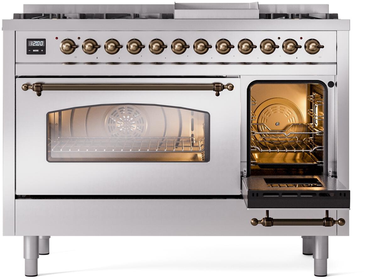 Nostalgie II 48 Inch Dual Fuel Natural Gas Freestanding Range in Stainless Steel with Bronze Trim