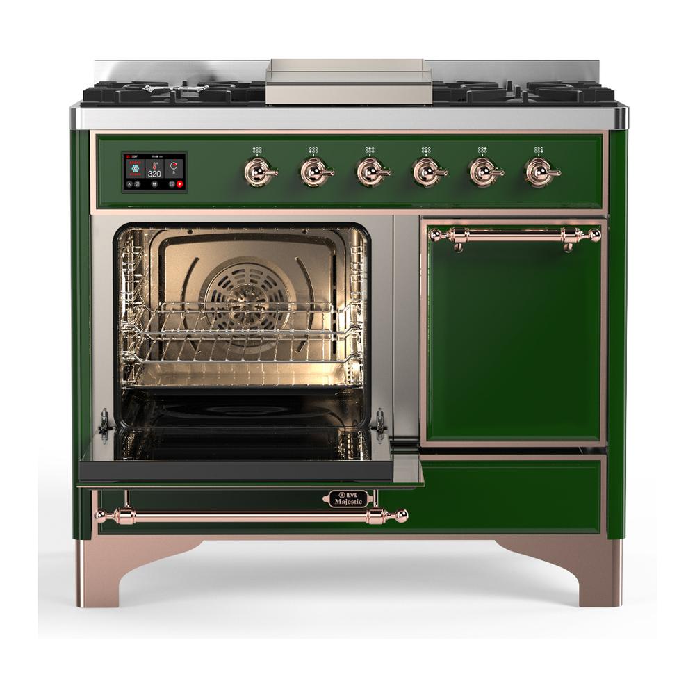 ILVE UMD40FQNR3EGP Majestic III 40 inch Dual Fuel Range with 6 Burners and Griddle, Dual Function Burner up to 25,000 BTU (Natural Gas, Solid Door, Emerald Green, Copper)