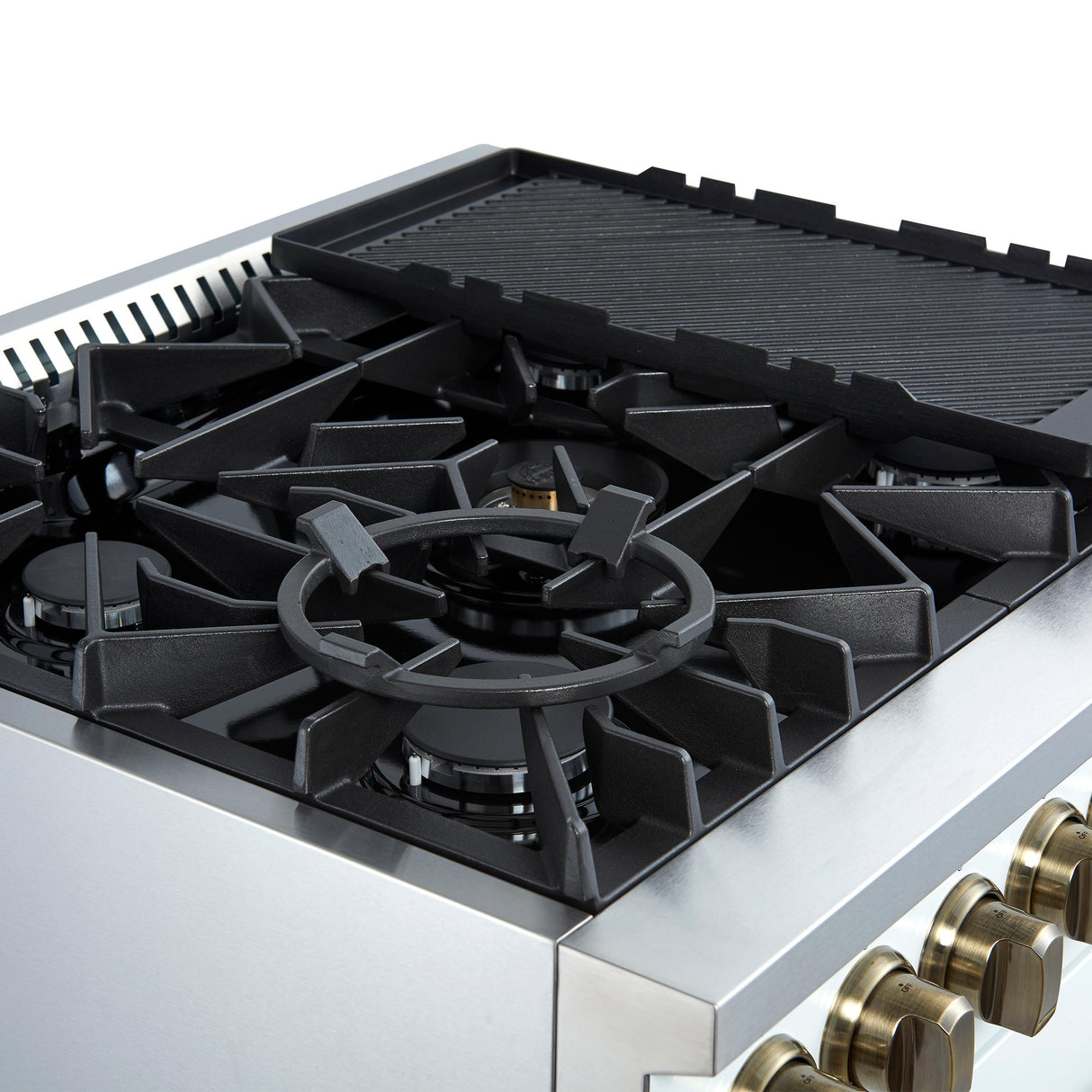 Giovanni 30-inch Gas Range White & Antique Brass Design, 5 Burners 67,000 BTU, 4.32 cu.ft. Convection Oven