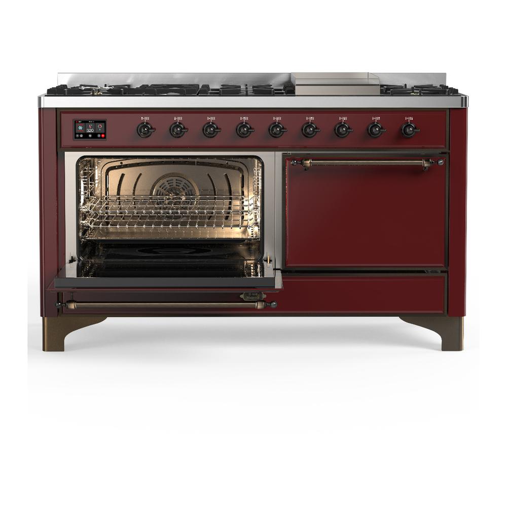 ILVE UM60FQNR3BUB Majestic III 60 inch Dual Fuel Range with 9 Burners and Griddle, Dual Function Burner up to 25,000 BTU (Natural Gas, Solid Door, Burgundy, Burnished)