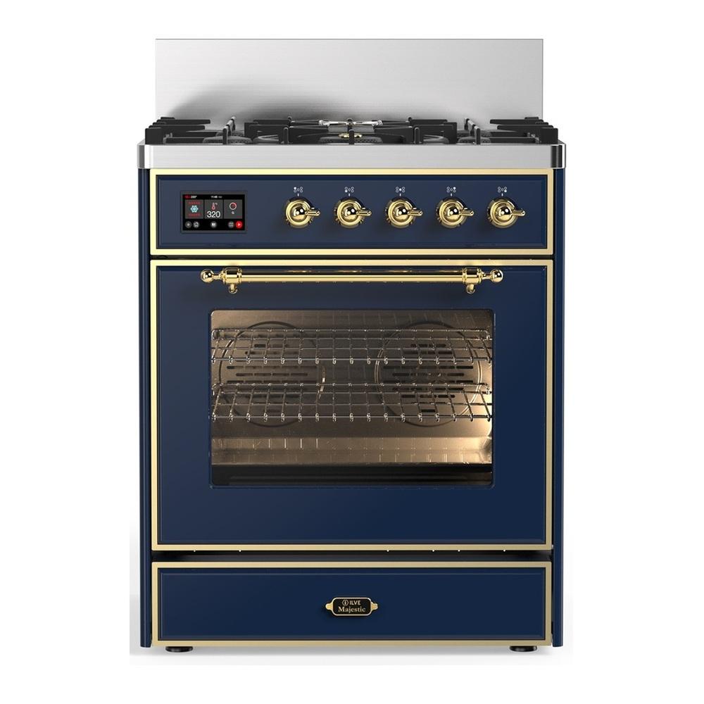 ILVE UM30NR3MBG Majestic III 30 inch Dual Fuel Range with 5 Black Brass Burners, Dual Function Burner up to 25,000 BTU (Natural Gas, Triple Glass Door, Midnight Blue, Brass)