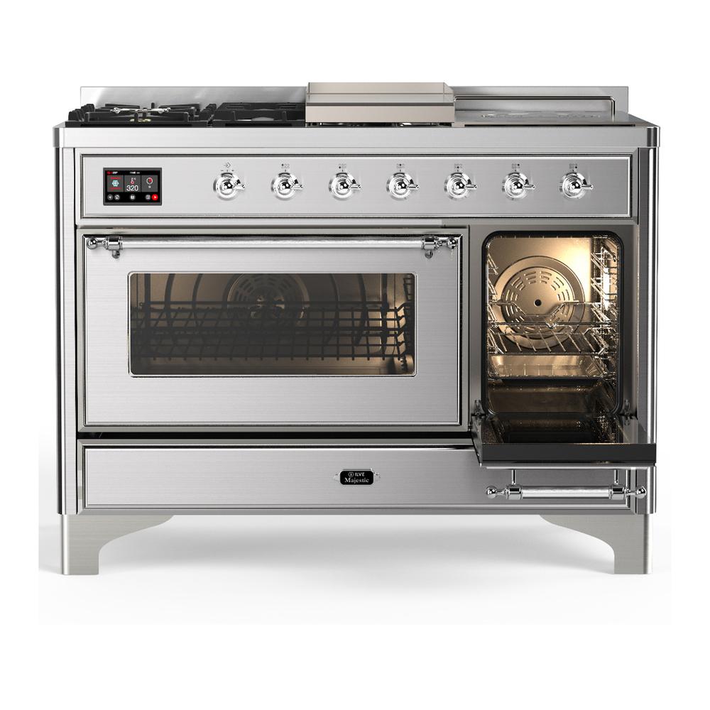 ILVE UM48FSNR3SSC Majestic III 48 inch Dual Fuel Range with 5 Black Brass Burners, Griddle and French Top, Dual Function Burner up to 25,000 BTU (Natural Gas, Triple Glass Door, Stainless Steel, Chrome)