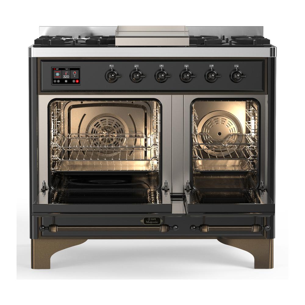 ILVE UMD40FQNR3MGBLP Majestic III 40 inch Dual Fuel Range with 6 Burners and Griddle, Dual Function Burner up to 25,000 BTU (Liquid Propane, Solid Door, Graphite Matte, Burnished)