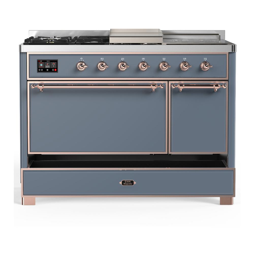 ILVE UM48FSQNR3BGP Majestic III 48 inch Dual Fuel Range with 5 Black Brass Burners, Griddle and French Top, Dual Function Burner up to 25,000 BTU (Natural Gas, Solid Door, Blue Grey, Copper)