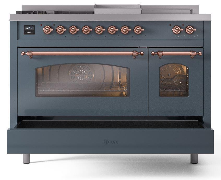 Nostalgie II 48 Inch Dual Fuel Liquid Propane Freestanding Range in Blue Grey with Copper Trim