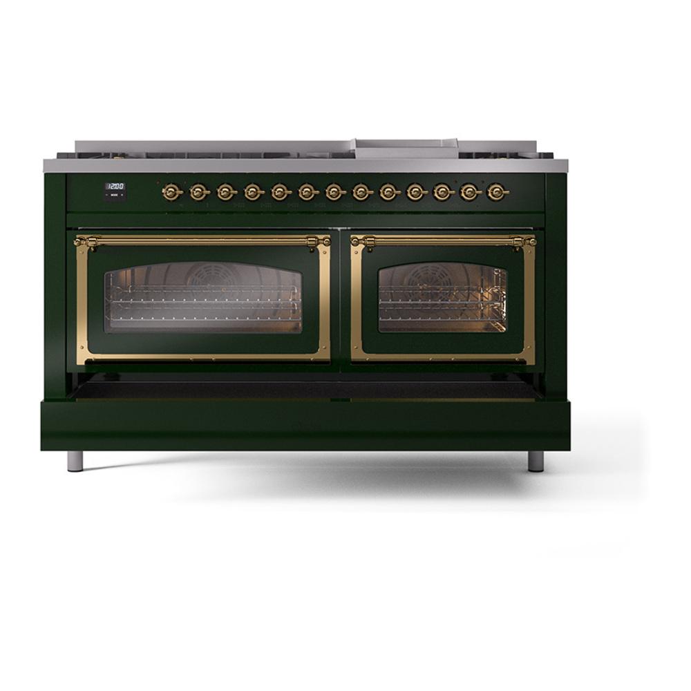 ILVE UN60FNMPEGGLP Nostalgie II Noblesse 60 inch Dual Fuel Range (9 Sealed Burners + Griddle, Liquid Propane, Triple Glass Door, Emerald Green, Brass)