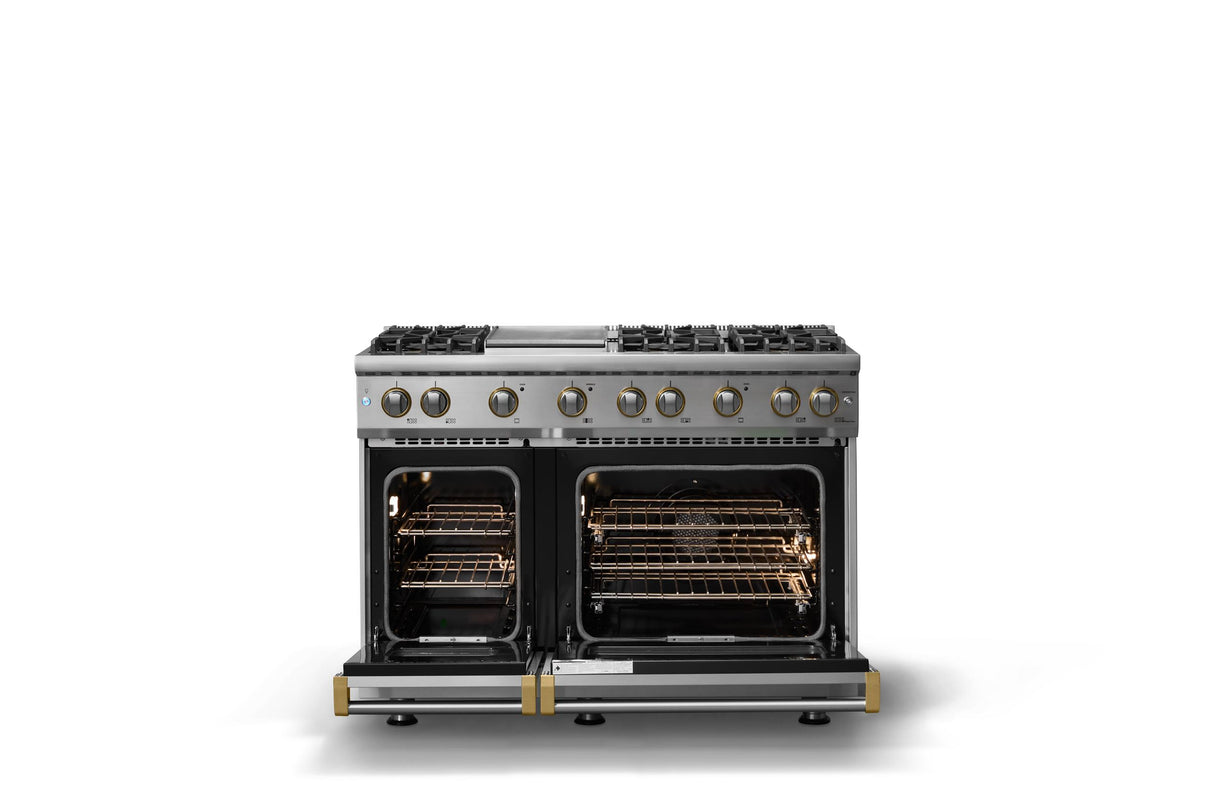 48"W. Sealed Burner Gas Range (Burner: 6g, Finish: Stainless Steel, Trim: Brushed Brass, Fuel: Natural Gas)