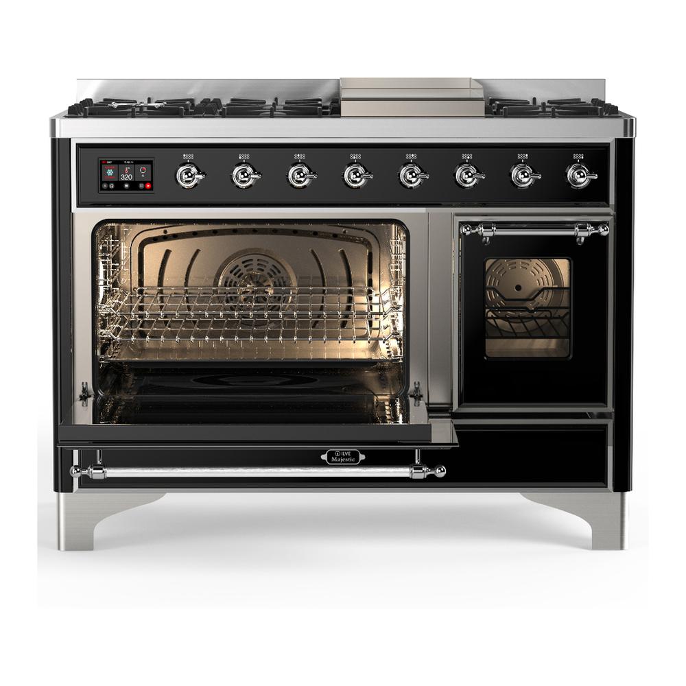 ILVE UM48FNR3BKC Majestic III 48 inch Dual Fuel Range with 8 Burners and Griddle, Dual Function Burner up to 25,000 BTU (Natural Gas, Triple Glass Door, Glossy Black, Chrome)