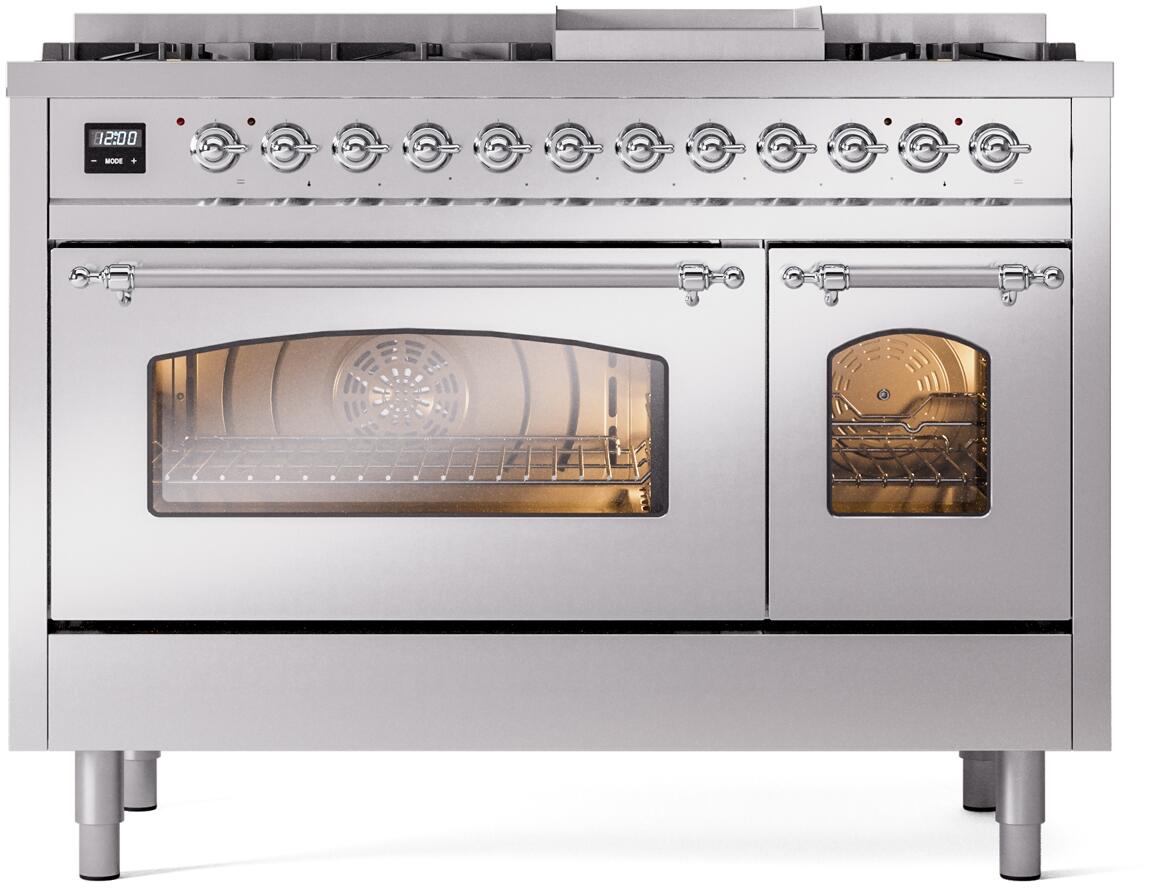 Nostalgie II 48 Inch Dual Fuel Natural Gas Freestanding Range in Stainless Steel with Chrome Trim