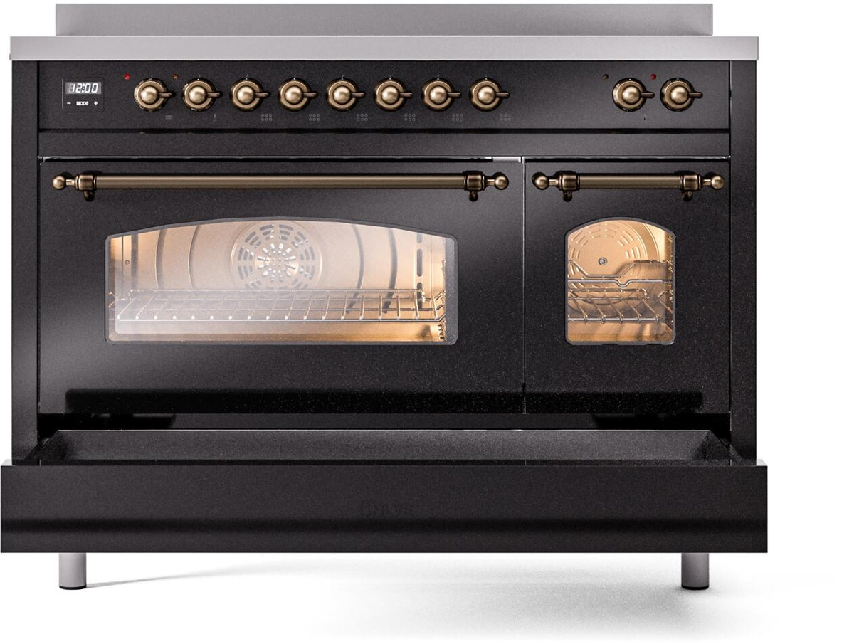 Nostalgie II 48 Inch Electric Freestanding Range in Glossy Black with Bronze Trim