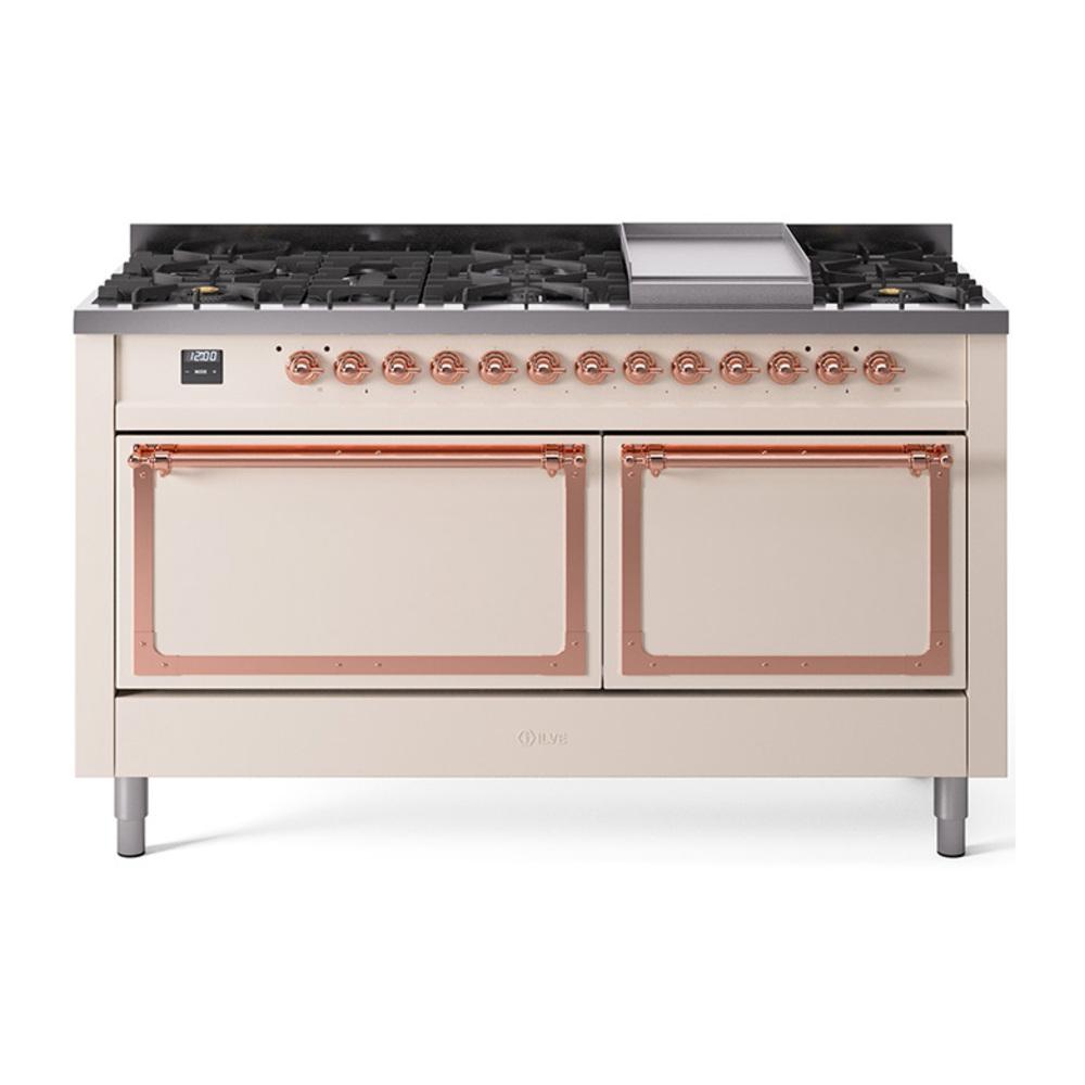 ILVE UN60FQNMPAWP Nostalgie II Noblesse 60 inch Dual Fuel Range (9 Sealed Burners + Griddle, Natural Gas, Solid Door, Antique White, Copper)