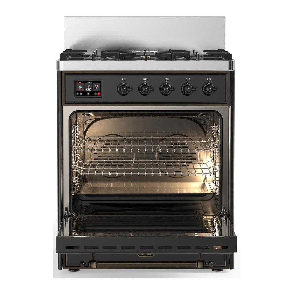 ILVE UM30NR3MGBLP Majestic III 30 inch Dual Fuel Range with 5 Black Brass Burners, Dual Function Burner up to 25,000 BTU (Liquid Propane, Triple Glass Door, Graphite Matte, Burnished)