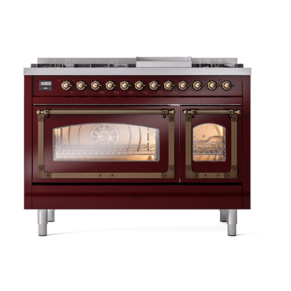 ILVE UN48FNMPBUB Nostalgie II Noblesse 48 inch Dual Fuel Range (8 Sealed Burners + Griddle, Natural Gas, Triple Glass Door, Burgundy, Burnished)