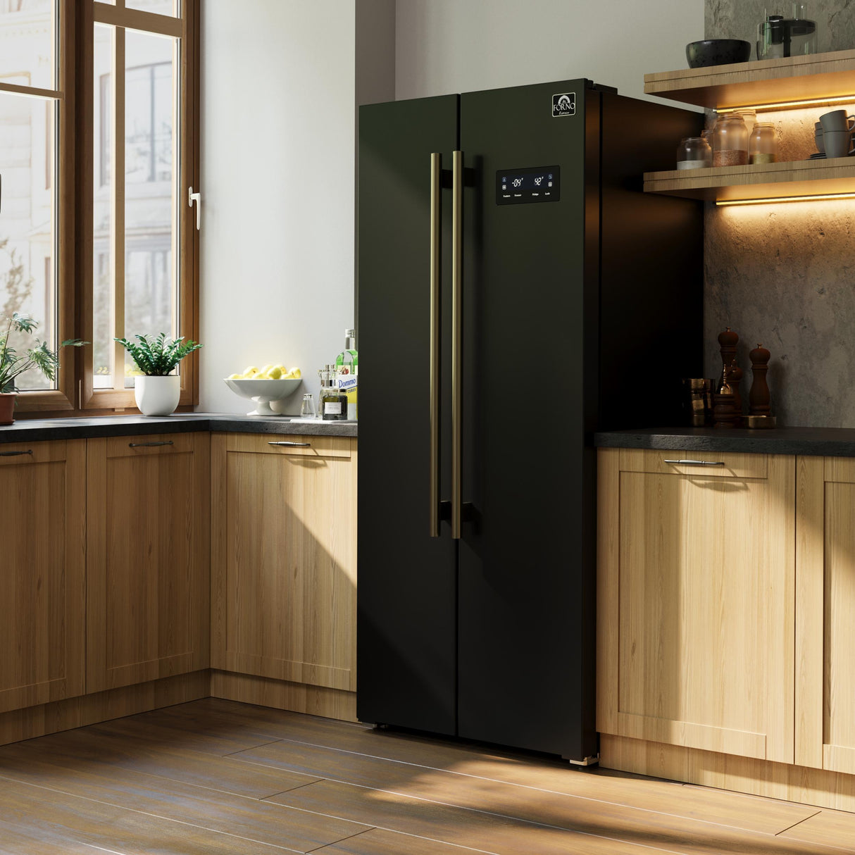 Forno Salerno Espresso 33-Inch Black Side-by-Side Refrigerator, 15.6 Cu. Ft., Energy-Efficient, No Frost, Modern Design
