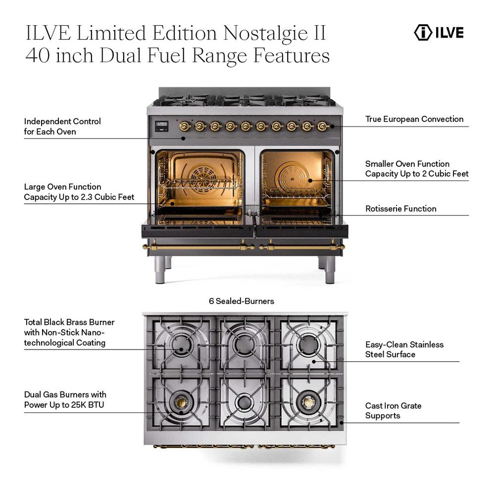 ILVE UPD406NMPMGGLP Nostalgie II 40 inch Dual Fuel Range with 6 Total Black Brass Burners, Brass Trim (Limited Edition) (Liquid Propane, Graphite Matte)