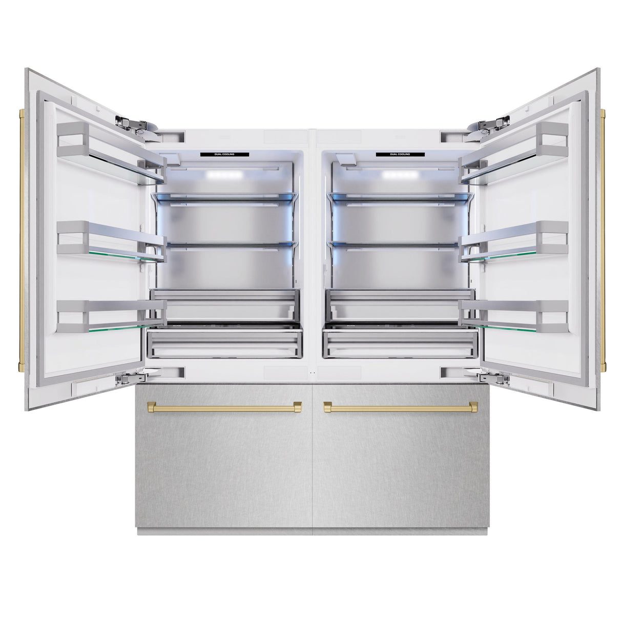 ZLINE Autograph Edition 72 in. 39.6 cu. ft. French Door Built-In Bottom Freezer Refrigerator with Water Dispensers and Ice Makers in DuraSnow' Stainless Steel and Champagne Bronze Accents (RBITZ-SN-72-CB)