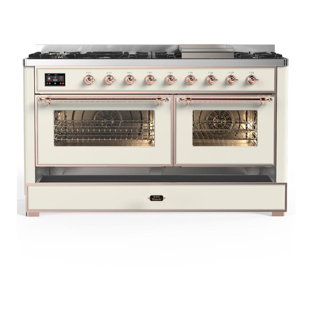 ILVE UM60FNR3AWPLP Majestic III 60 inch Dual Fuel Range with 9 Burners and Griddle, Dual Function Burner up to 25,000 BTU (Liquid Propane, Triple Glass Door, Antique White, Copper)