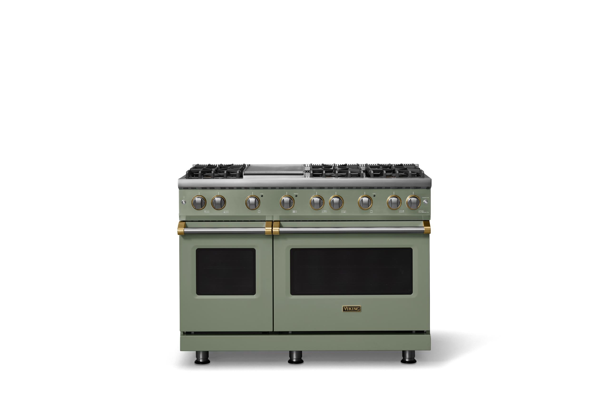48"W. Sealed Burner Gas Range (Burner: 6g, Finish: Eucalyptus, Trim: Brushed Brass, Fuel: Propane)