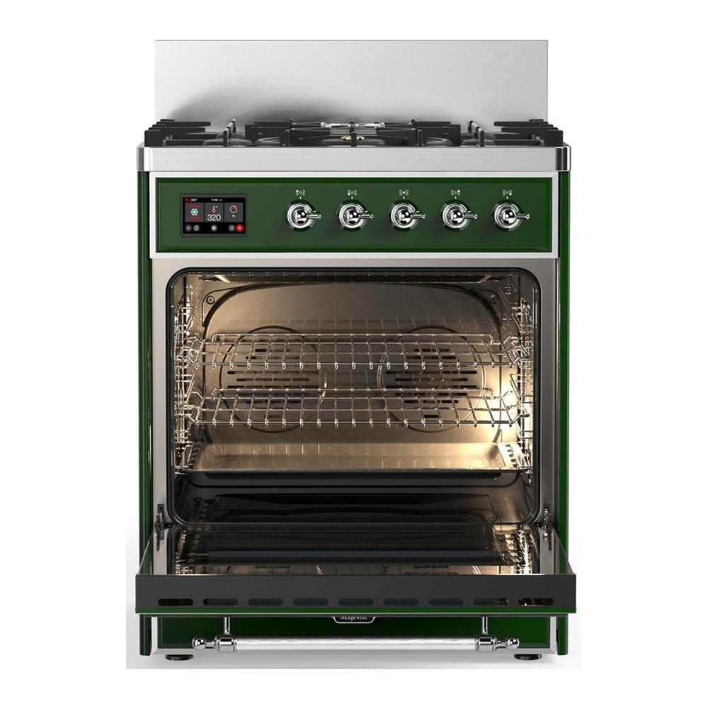 ILVE UM30NR3EGC Majestic III 30 inch Dual Fuel Range with 5 Black Brass Burners, Dual Function Burner up to 25,000 BTU (Natural Gas, Triple Glass Door, Emerald Green, Chrome)