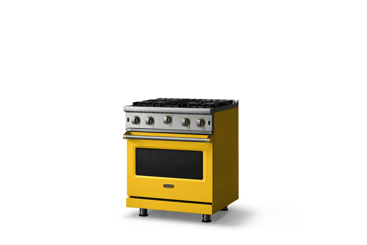 30"W. Open Burner Gas Range (Finish: Daffodil, Trim: Brushed Brass, Fuel: Propane)