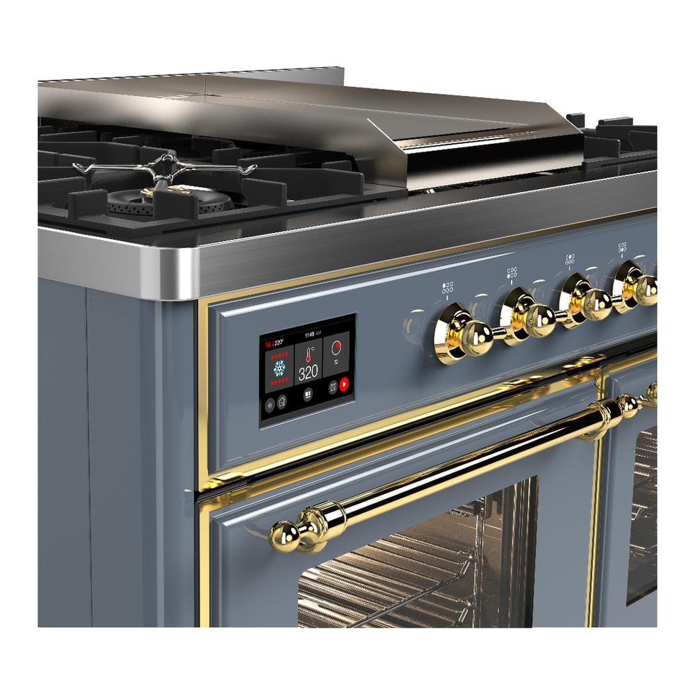 ILVE UMD40FNR3BGG Majestic III 40 inch Dual Fuel Range with 6 Burners and Griddle, Dual Function Burner up to 25,000 BTU (Natural Gas, Triple Glass Door, Blue Grey, Brass)