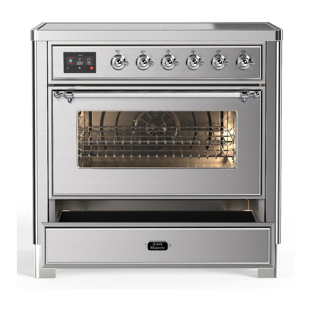 ILVE UMIB36NR3SSC Majestic III 36 inch Induction Range with 6 Elements, 3.5 cu. ft. Total Oven Capacity (Triple Glass Door, Stainless Steel, Chrome)