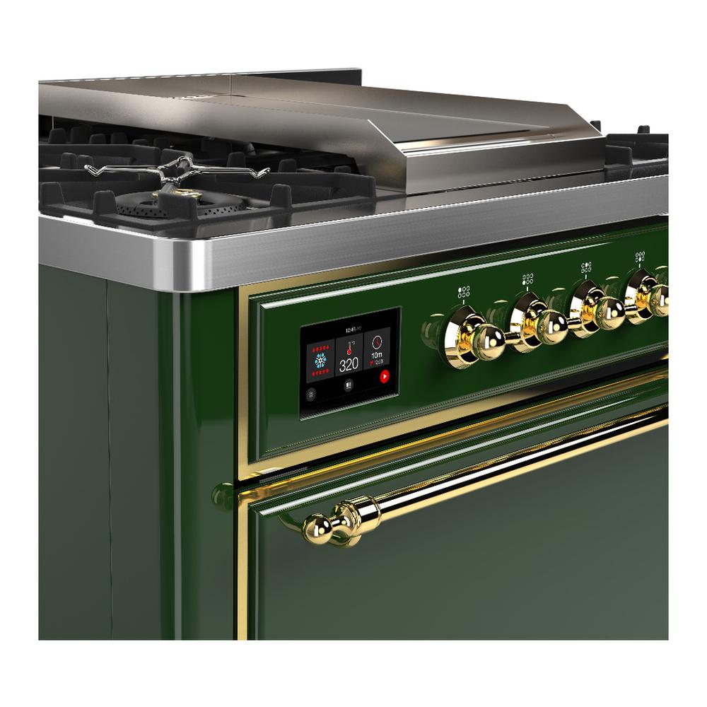 ILVE UM36FQNR3EGGLP Majestic III 36 inch Dual Fuel Range with 6 Black Brass Burners and Griddle, Dual Function Burner up to 25,000 BTU (Solid Door, Emerald Green, Brass, Liquid Propane)